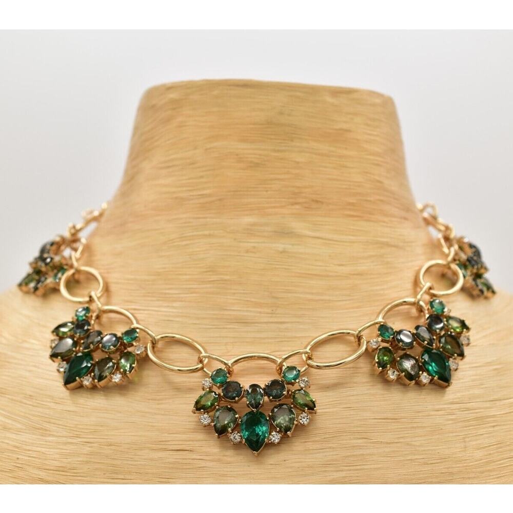 Carolee Vintage Crystal Collar Necklace Green Bezel Gold Glitz Signed Y2K BinA17